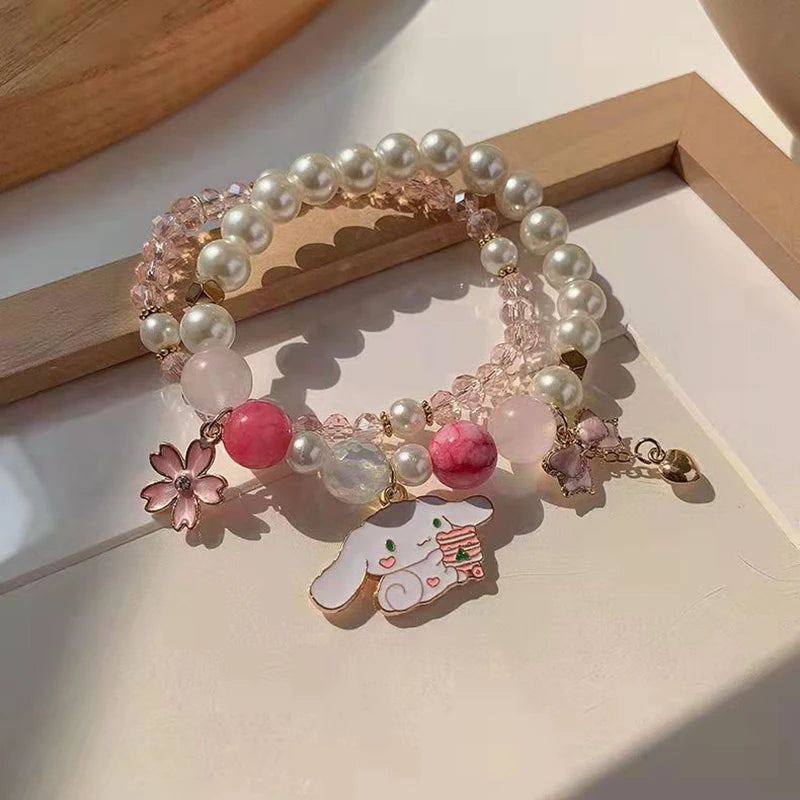 1Pc Anime Sanrio Bracelet Cinnamoroll Bow Crystal Beads Bracelet Kawaii Cinnamorol Kuromi Pendant Accessories Jewelry Gift
