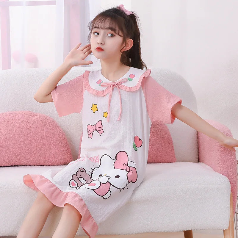 Girl's Summer Pajamas Sanrio Hello Kitty Kuromi Children's Dress Pochacco Anime Cartoon House Clothing Short Sleeved Cute Skirt