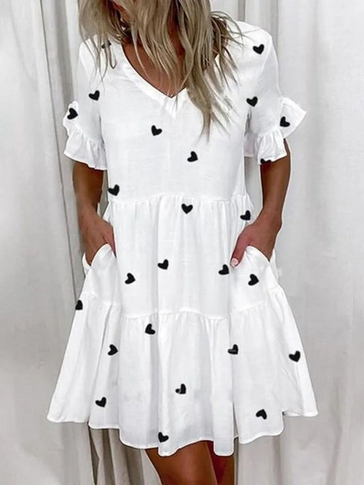 Casual Ruffles Loose V-Neck Dress Women Summer Short Sleeve Floral Print Woman Dress 2023 Fashion White Boho Beach Dresses 5XL