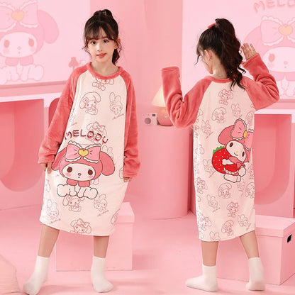 Sanrio Hello Kitty Kuromi Children's Pajamas Cinnamoroll My Melody Autumn Winter Flannel Anime Kids Robe Long Sleeved Girls Boys