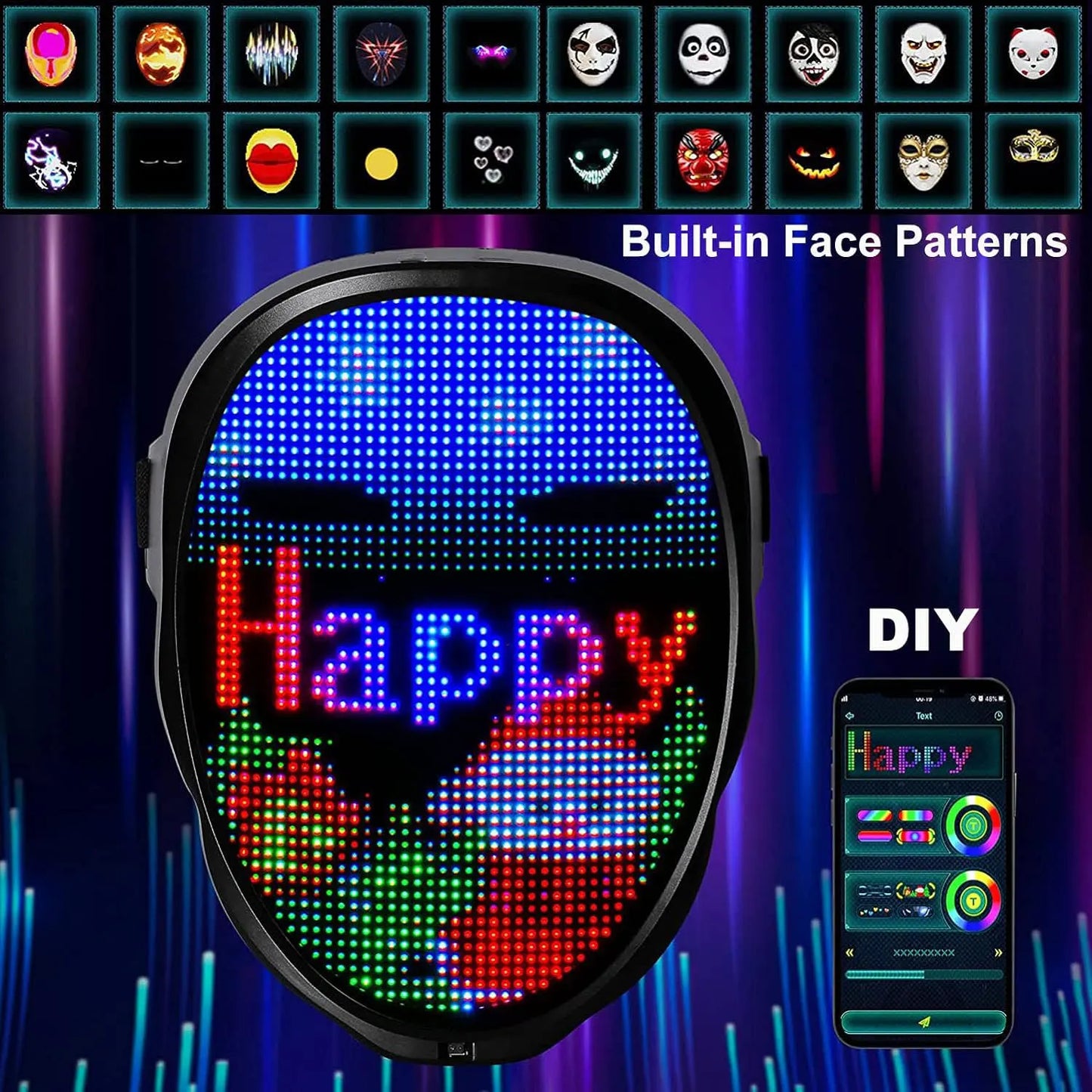 Bluetooth APP Light Up LED Mask Diy Picture Animation Text Halloween Christmas Carnival Costume Party Game Child Masks Deco GIFT