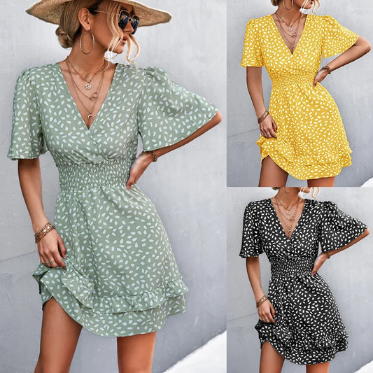 Elegant Women Dot Print Pattern Dress V-Neck Ruffles Sleeve Casual Sweet Fashion Boho Dress Women Summer Dresses Beach Holidays