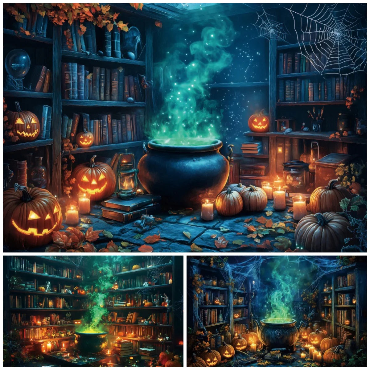 Halloween Horror Photo Backgrounds Witches Magic Boiler Bookshelf Pumpkin Lanterns Spider Web Spooky Party Photography Backdrops