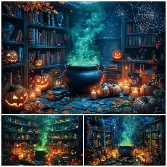 Halloween Horror Photo Backgrounds Witches Magic Boiler Bookshelf Pumpkin Lanterns Spider Web Spooky Party Photography Backdrops