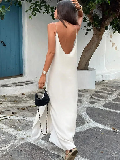 Summer Women Backless Sling Dress Sexy Loose v Neck Sleeveless Split Maxi Dresses 2024 New Female Beach Vacation Party Robes