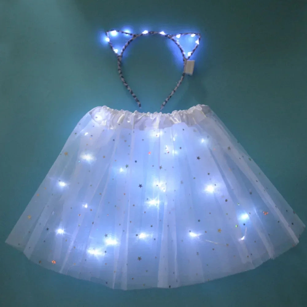 Light Up LED Kids Women Girl Animal Cat Leopard Ears Headband Tutu Skirt Costume Glow Party Christmas Halloween Festival