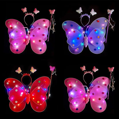 3/4Pcs/Set  Fairy Butterfly Wing Wand Headband Costume Toy Gift Halloween Decoration Double Layers Girls Led Flashing Light