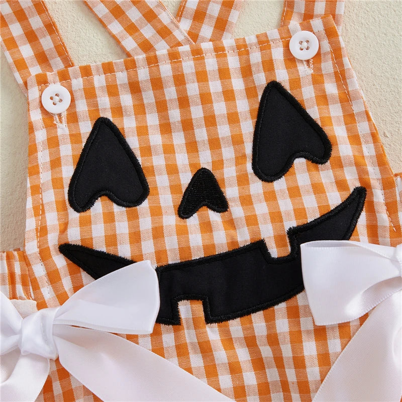 Toddler Baby Girls Halloween Romper Casual Sleeveless Square Neck Pumpkin Plaid Printed Jumpsuit Fashion Infant Newborn Clothes