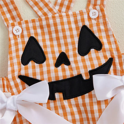 Toddler Baby Girls Halloween Romper Casual Sleeveless Square Neck Pumpkin Plaid Printed Jumpsuit Fashion Infant Newborn Clothes