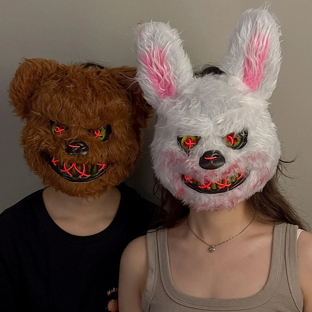 Halloween Plush Luminous Mask Terror Rabbit Bear LED Luminous Mask Plush Rabbit Halloween Party Cosplay Mask Party Photo Prop