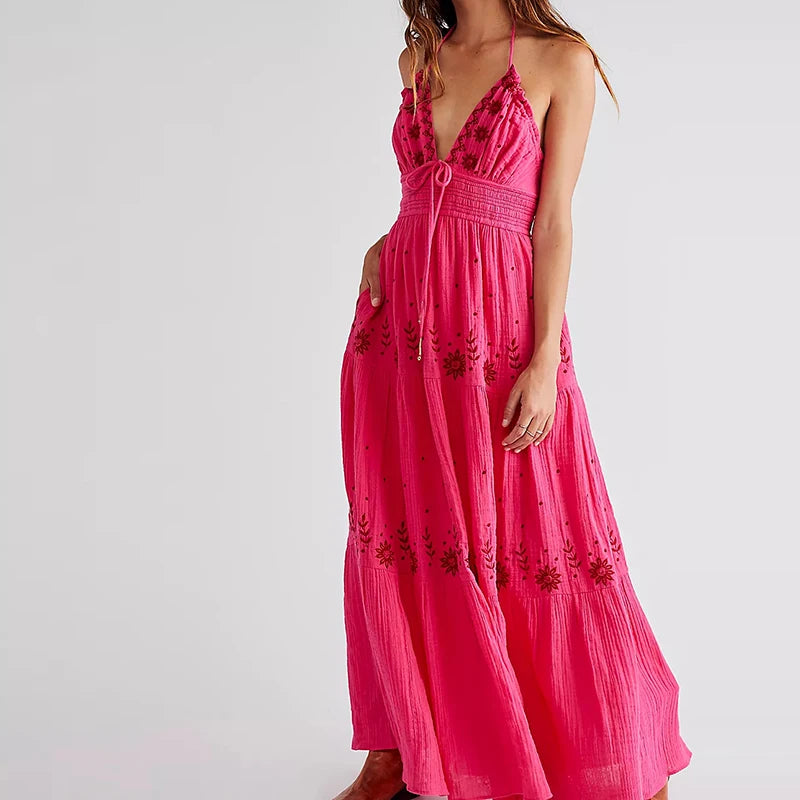 Beach Style Women v Neck Backless Halter Long Dress Bohemian Indie Embroidery Maxi Dress Summer Club Party Vestidos Holiday