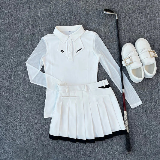 Golf Women's Long-Sleeved Polo Shirt, Summer Mesh Sleeve Sunshade, Quick-Drying, Breathable and Slimming Outdoor Sports Set