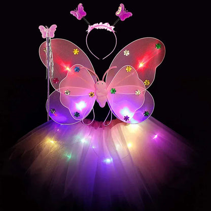 3/4Pcs/Set  Fairy Butterfly Wing Wand Headband Costume Toy Gift Halloween Decoration Double Layers Girls Led Flashing Light