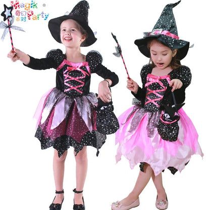 Kids 2025 Halloween Witch Costume for Girls Carnival Party Evil Lovely Witch Vestidos Set Dress+Hat+Magic Wand+Bag Clothes Set