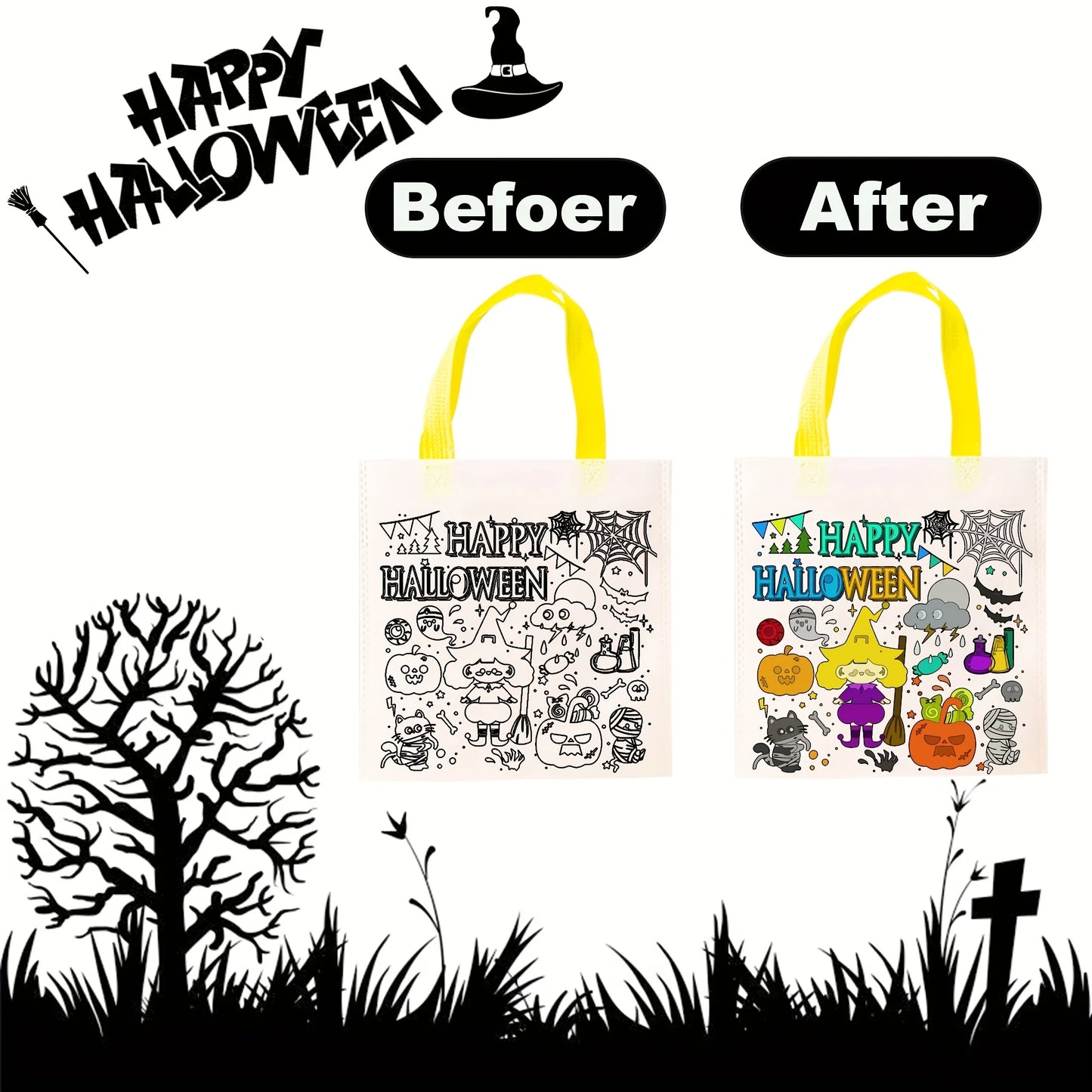 12PCS DIY Graffiti Bags Coloring Painting Non Woven Gift Bags for Kids Halloween Party Trick-Or-Treating Candy Bags, Gift Bags
