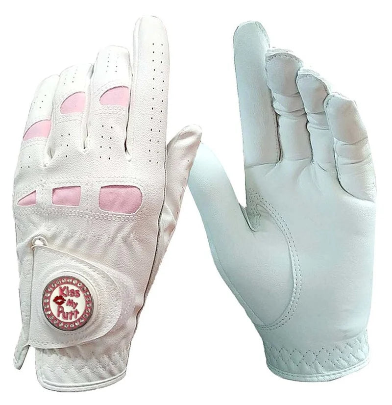 2 Pcs Cabretta Leather Golf Gloves Women With Bling Ball Marker Extra Grip Left Right Hand Pink Fit Ladies Girls Golfer