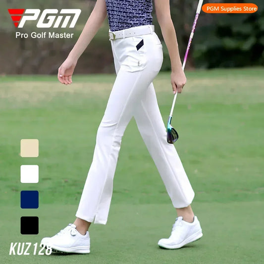 PGM Women Summer Golf Pants Ankles Cropped Fit Slim Elastic Flared Trousers Zip Pocket Waterproof Lady Golf Clothing KUZ128