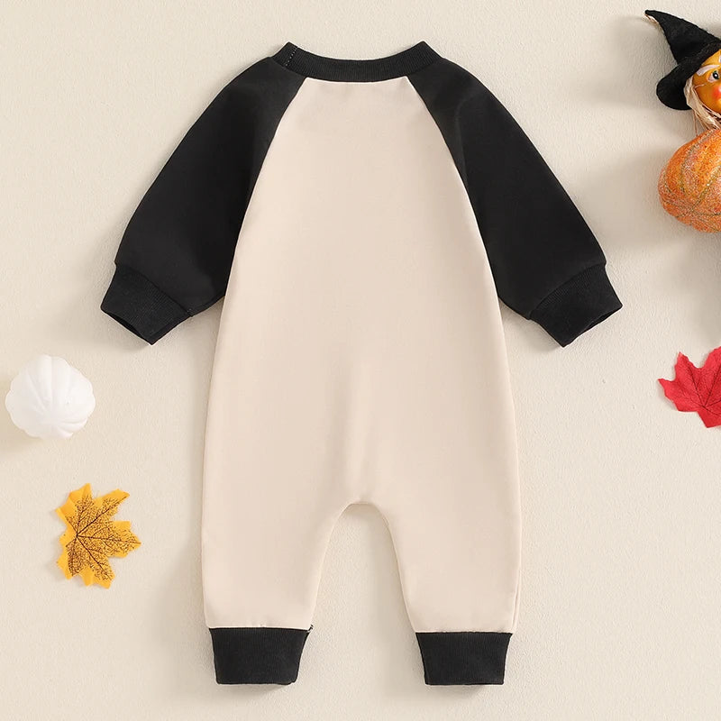 Baby Boys Halloween Casual Romper Long Sleeve Crew Neck Letter Ghost Embroidery Jumpsuit