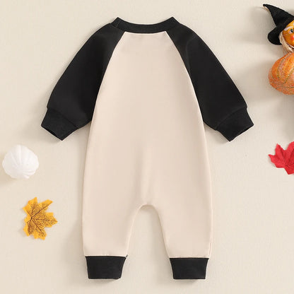 Baby Boys Halloween Casual Romper Long Sleeve Crew Neck Letter Ghost Embroidery Jumpsuit