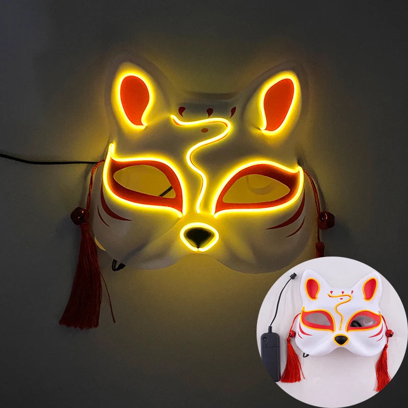 Halloween Luminous Japanese Neon Light Fox Mask LED Light Up Cosplay Mask Flashing in Dark Masquerade Dance Party Mask Costume