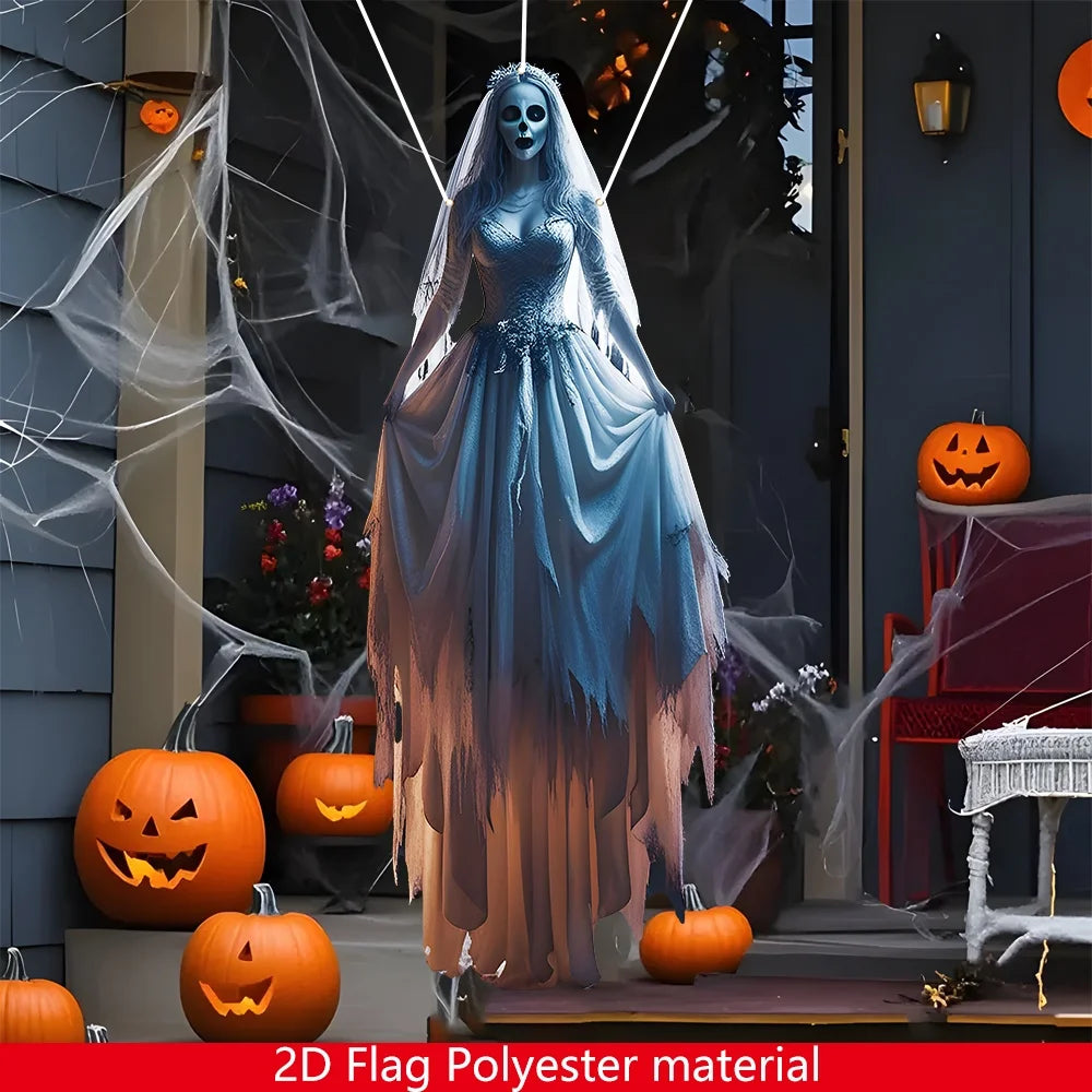 1pc Halloween Skeleton Bride Hanging Flag - Outdoor/Indoor Gothic Decoration, Spooky Bride With Bats & Jack-O-Lanterns Design