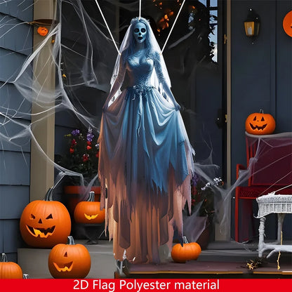 1pc Halloween Skeleton Bride Hanging Flag - Outdoor/Indoor Gothic Decoration, Spooky Bride With Bats & Jack-O-Lanterns Design