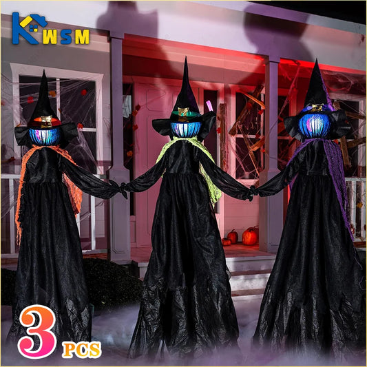 3PCS Halloween Colourful Glow Three Hand-Holding Witches Sound-Activated Hand-Holding Witch Halloween Light Up Decoration Props