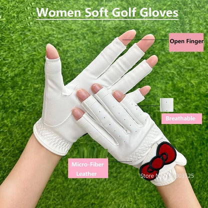 SG 1 Pair Women New Golf Gloves Breathable Soft Leather Hand Wear Open Finger Golf Gloves Bowknot Elegant Golfer Supplies