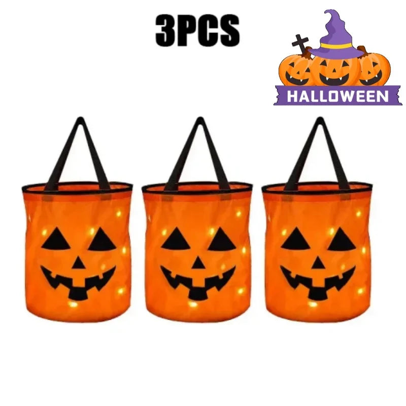 LED Halloween Candy Bucket Glow in the Dark Trick or Treat Bag With Handle Reusable Party Favor Pail for Kids Adults