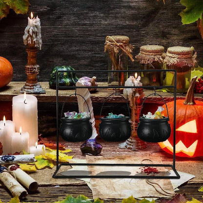 Halloween Decorations Indoor, Halloween Witches Cauldron Candy Serving Bowls on Rack, Black Plastic Cauldron With Skeletons