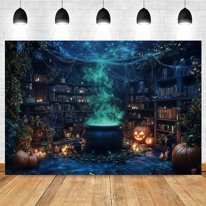 Halloween Horror Photo Backgrounds Witches Magic Boiler Bookshelf Pumpkin Lanterns Spider Web Spooky Party Photography Backdrops