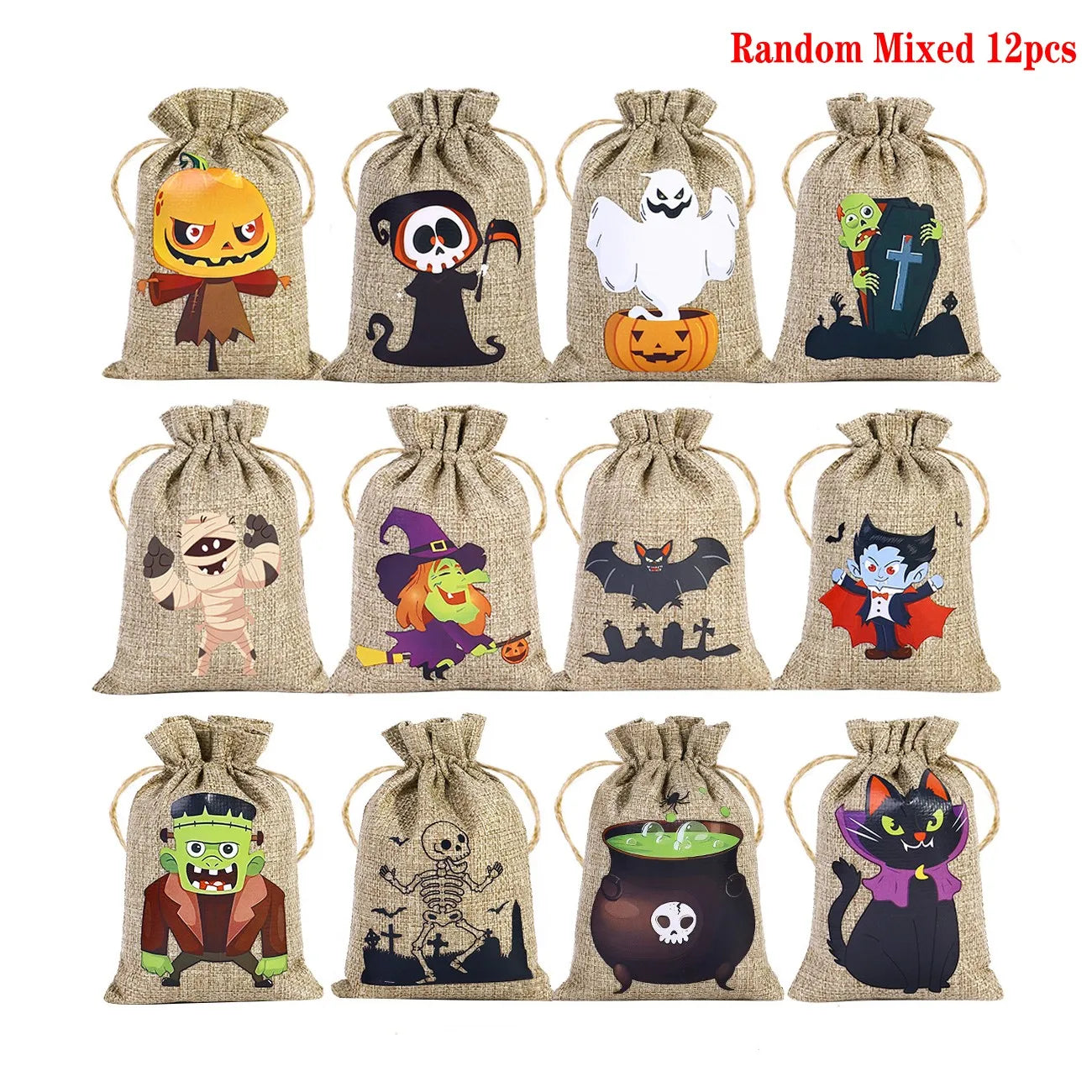 4pcs/8pcs/12pcs Halloween Linen Bun Storage Bag Halloween Pattern Candy Gift Packaging Bag Linen Drawstring Bag