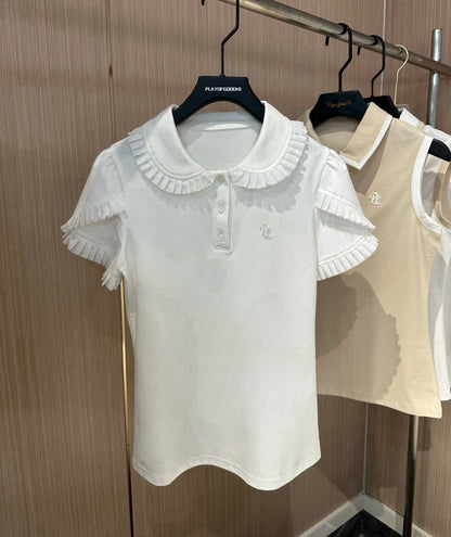 2025 Golf Clothing Shirt Women Korean Elegant Short Sleeve Shirts Slim Quick Dry Tops Ruffle Pleated Tennis Jerseys Golf Wear