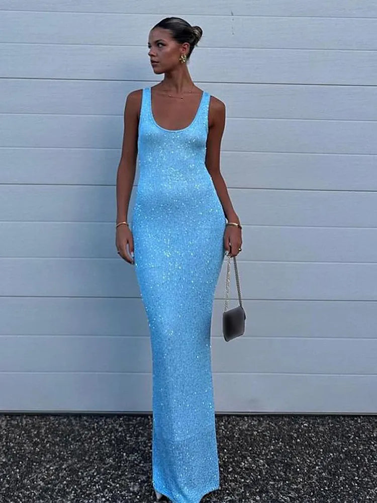 Sexy Blue Shiny Sequin Slim Fit  Women Sling Long Dress Fashion Sleeveless Backless U Neck Robe 2025 Summer New Lady  Beach Wear