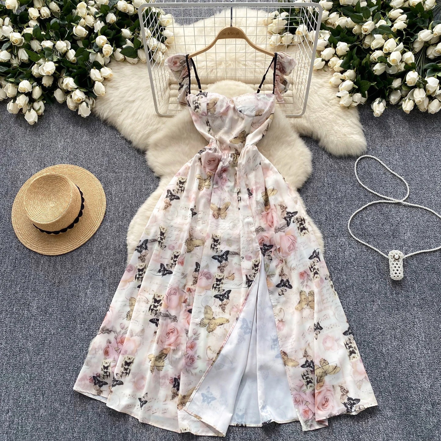 Elegant Sexy  Off Shoulder Vintage Print Split Slip Dress Summer Beach Vestidos Slim Sleeveless Women Party Dresses