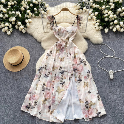 Elegant Sexy  Off Shoulder Vintage Print Split Slip Dress Summer Beach Vestidos Slim Sleeveless Women Party Dresses