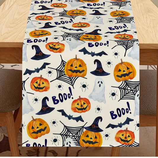 1 Piece of Halloween Themed Table Runner, Spider Web, Pumpkin and Witch Hat Design, Suitable for Parties, Restaurants, Homes, Ma