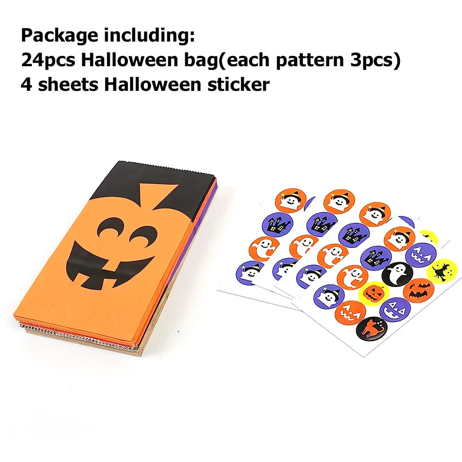 8-48pcs Halloween Theme Candy Gift Bag With Cartoon Storage Stickers Party Small Gift Storage Bag Party Kraft Goodie Bag