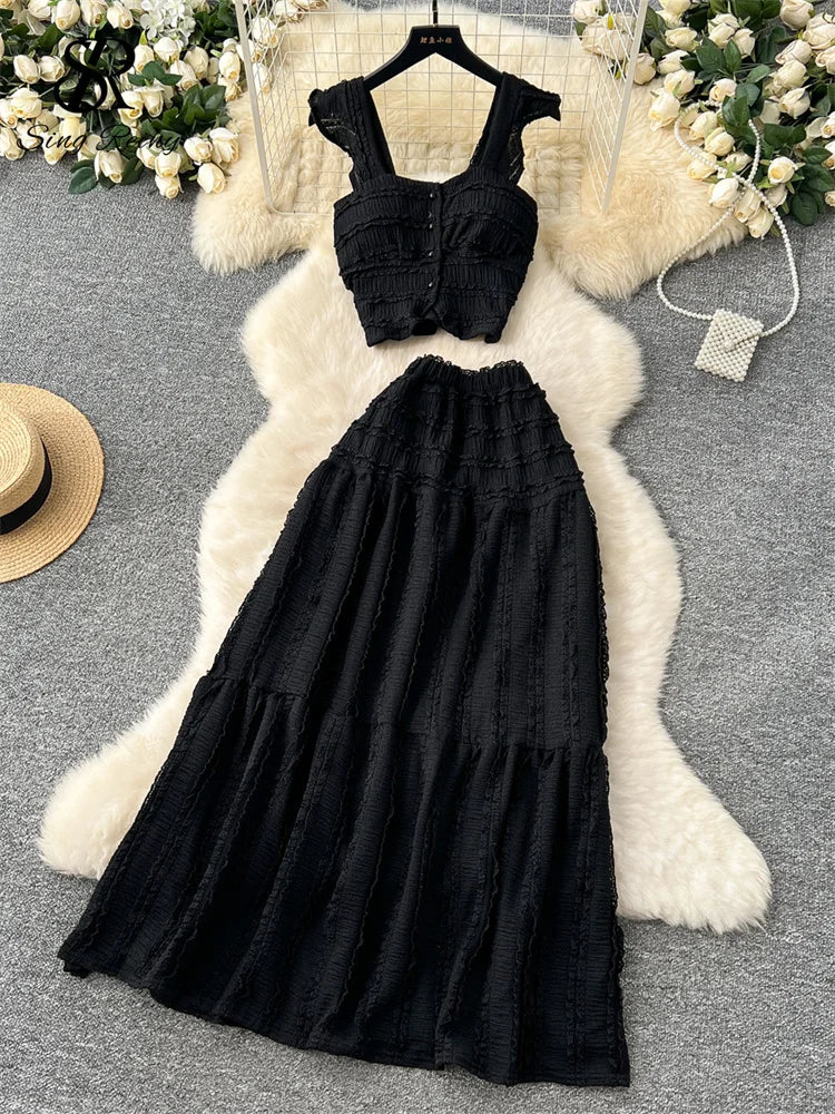 SINGREINY Casual Beach Style 2pcs Suits Single Breasted Mini Camisole+Elastic Waist a Line Fold Slim Skirt Gentle Women Sets