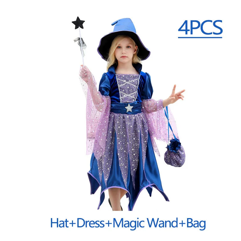 Kids 2025 Halloween Witch Costume for Girls Carnival Party Evil Lovely Witch Vestidos Set Dress+Hat+Magic Wand+Bag Clothes Set