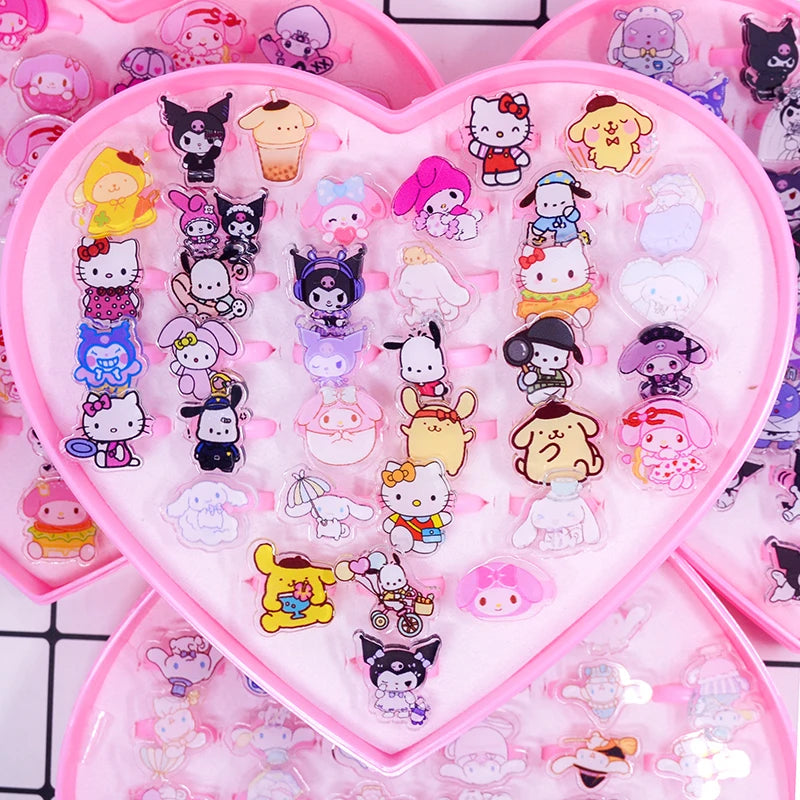 10/20Pcs Sanrio Hello Kitty Melody Ring Kids Adjustable Baby Rings Kuromi Cartoon Children Girl Rings Party Gifts With Box