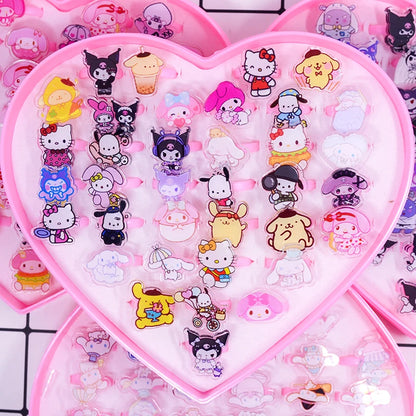 10/20Pcs Sanrio Hello Kitty Melody Ring Kids Adjustable Baby Rings Kuromi Cartoon Children Girl Rings Party Gifts With Box