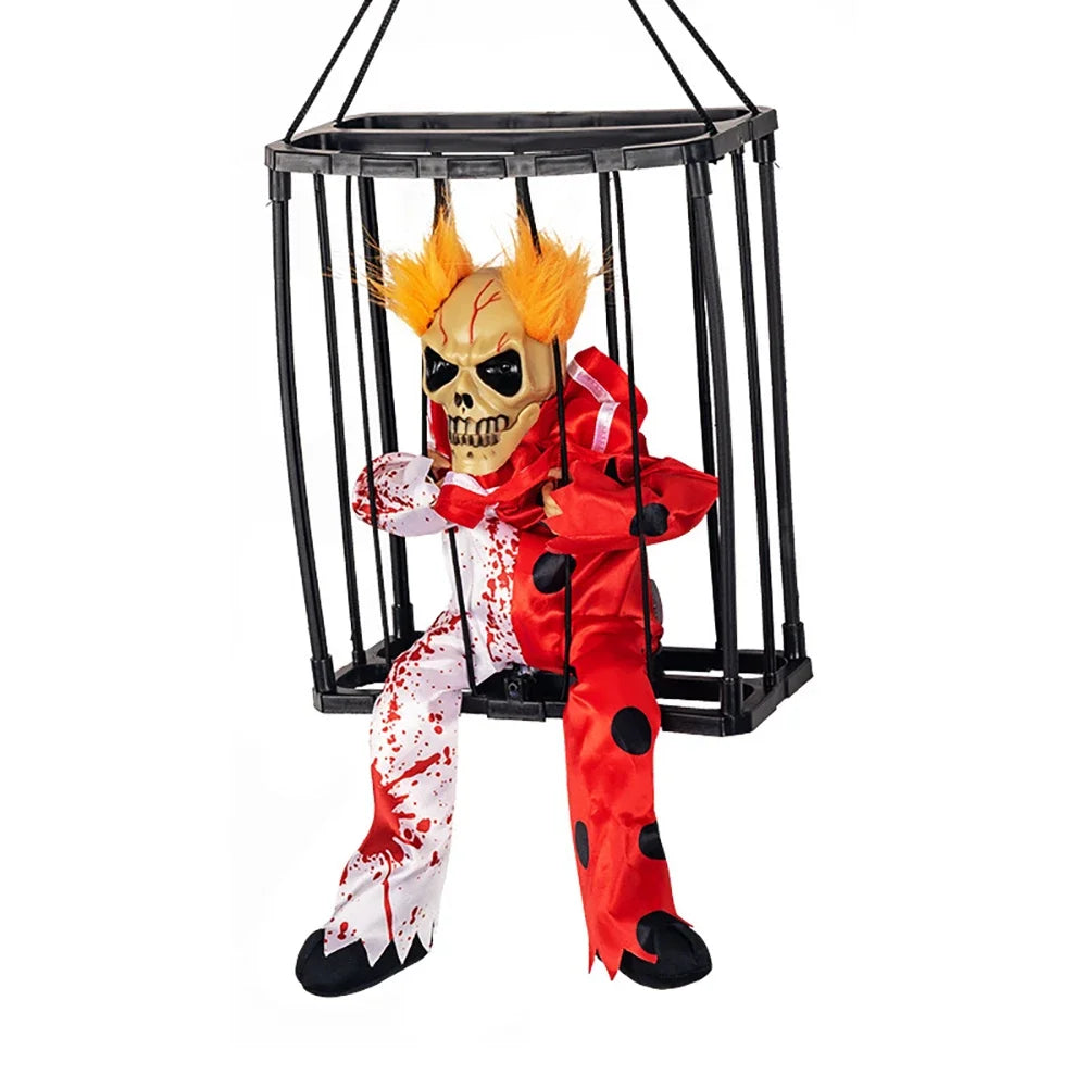 Halloween Scary Skull Decoration Hangable Talking Ghost Prop With Glowing Eye Sound Doll Electric Skeleton Toy in Prisoner Cage