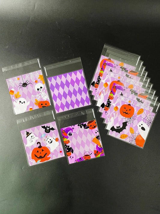 100pcs Cute Pumpkin Bat Ghost Spider Design Gift Pack Opp Self-Sealing Bag, Halloween Party Skull Printed Purple Plaid Opp Bags