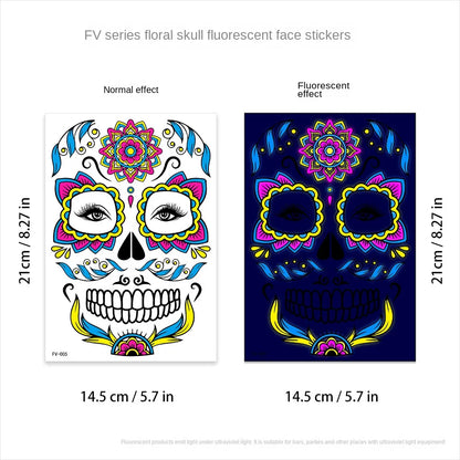 1/4/8pcs Waterproof Fluorescent Temporary Tattoo Neon Halloween Stickers Day of the Dead Party Festival Night Bar Face Stickers