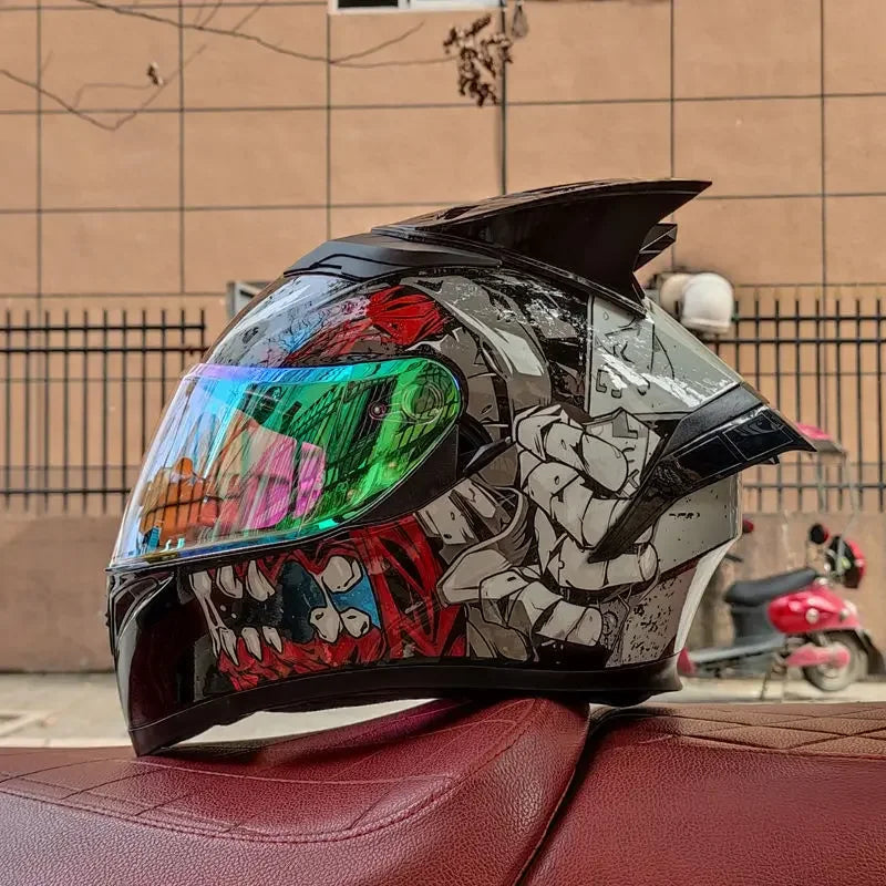 Orz Motorcycle  Full Face Helmet Dual Lens Racing Helmet Personality Horns Modular Flip Up Helmets DOT Approved