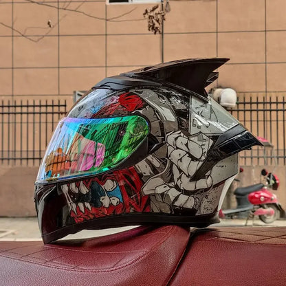 Orz Motorcycle  Full Face Helmet Dual Lens Racing Helmet Personality Horns Modular Flip Up Helmets DOT Approved