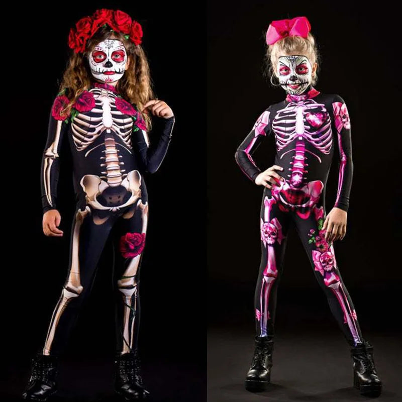 Rose Skeleton Bone Jumpsuit Girls Scary Costume Halloween Horror Bodysuit Cosplay Jumpsuit Carnival Catsuit Outfit for Kids