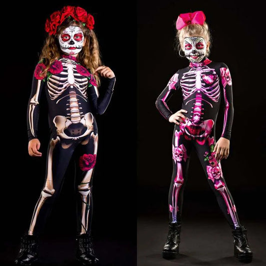 Rose Skeleton Bone Jumpsuit Girls Scary Costume Halloween Horror Bodysuit Cosplay Jumpsuit Carnival Catsuit Outfit for Kids