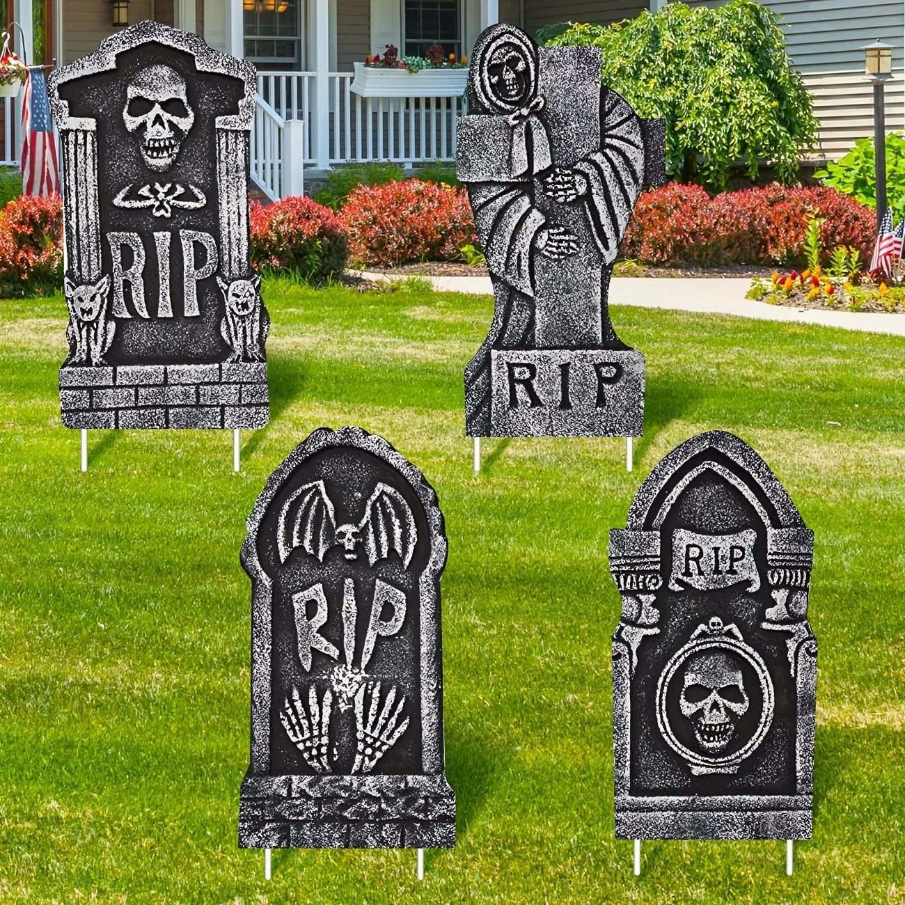 Halloween Tombstone Set Halloween Yard Sign 4 Pack Large Tombstones for Graves Halloween Gravestone With Plastic Stakes